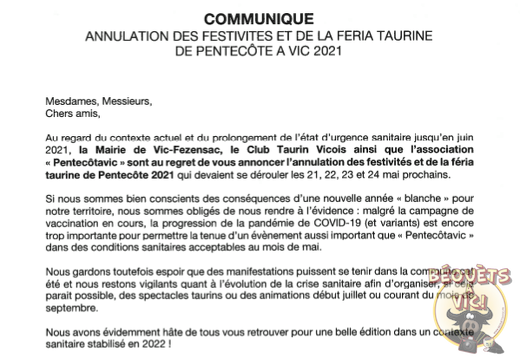 Annulation Pentecotavic 2020, communiqué de la Mairie de Vic-Fezensac (10 visits) Annulation Pentecotavic 2020, communiqué de la Mairie de Vic-Fezensac