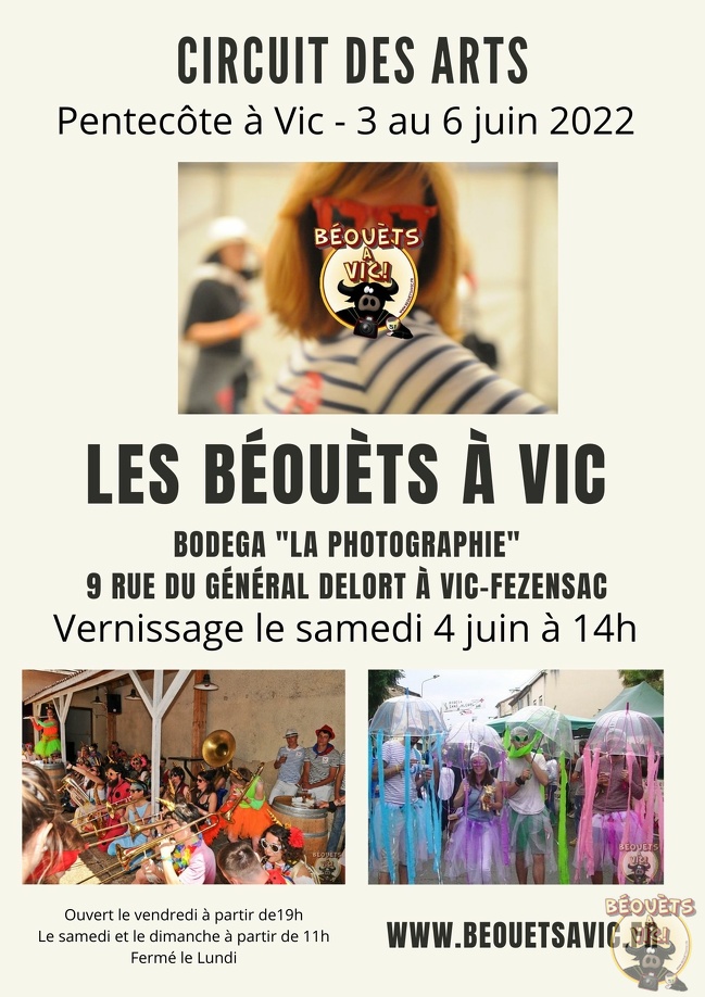 Dans le cadre du Circuit des Arts de Pentecôtavic 2022, Les Béouèts à Vic exposeront une sélection de photos dans la nouvelle Bodega La Photographie . Le vernissage aura lieu à 14h00 le samedi 4 juin 2022. Venez nombreux !
2022_Pentecotavic_Circuit-des-Arts_Exposition_Beouetsavic.jpg